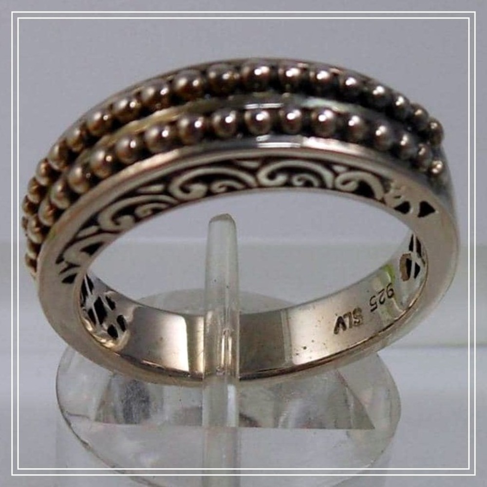 Vintage Oxidized Sterling Silver Beaded Bali Ring Stack Designer Signed SLV 7.25